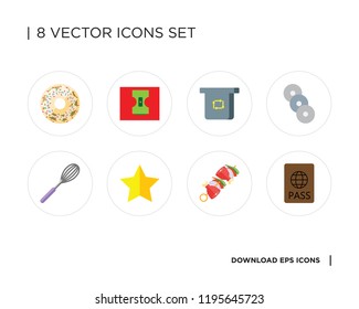 Collection of 8 simple icons such as Passport, Kebab, Star, Whisk, Compact disc, Recycle bin, Sharpener, Doughnut, universal set for web and mobile