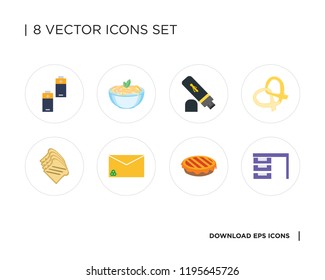 Collection of 8 simple icons such as Desk, Pie, Envelope, Toast, Pretzel, Pendrive, Pasta, Batteries, universal set for web and mobile