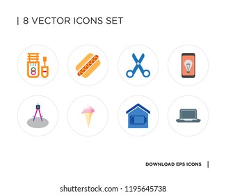 Collection of 8 simple icons such as Laptop, Smart home, Ice cream, Compass, Mobile, Scissors, Hot dog, Corrector, universal set for web and mobile