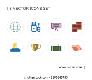 Collection of 8 simple icons such as Bacon, Suitcase, Tea, Parasailing, Paper, Whiteboard, Corrector, Globe, universal set for web and mobile