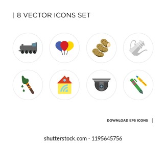 Collection of 8 simple icons such as Pencil, Security camera, Home, Brush, Teapot, Potatoes, Balloon, Railway, universal set for web and mobile