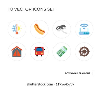 Collection of 8 simple icons such as Helm, Pickles, Bus, Smart home, Modem, Security camera, Hot dog, Thermostat, universal set for web and mobile