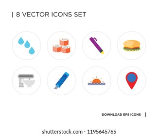 Collection of 8 simple icons such as Location, Sunset, Cutter, Mixer, Hamburguer, Pen, Sushi, Water, universal set for web and mobile