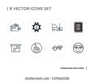 Collection of 8 simple icons such as Lens, Clothes, Hand, Presentation, Note, Devices, Settings, Wallet, universal set for web and mobile