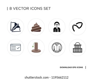 Collection of 8 simple icons such as Government buildings, Jacket, Scratching, Test, Sausage, Boy, Poop, Crossbow, universal set for web and mobile