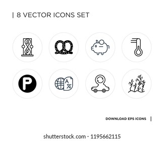 Collection of 8 simple icons such as Plant, Car, Translator, Parking, Thermometer, Piggy bank, Pretzel, Hourglass, universal set for web and mobile