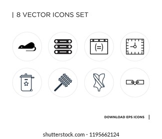 Collection of 8 simple icons such as Tags, Swimsuit, Grill, Recycle bin, Alarm clock, Browser, Database, Rats, universal set for web and mobile