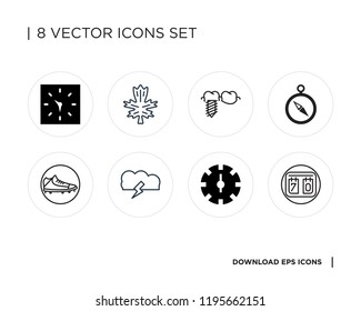 Collection of 8 simple icons such as Scoreboard, Digital clock, Storm, Shoes, Compass, Implants, Leaf, Clock, universal set for web and mobile