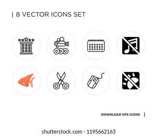 Collection of 8 simple icons such as No pets, Mouse, Scissors, Fish, music, Calendar, Video player, Hotel, universal set for web and mobile