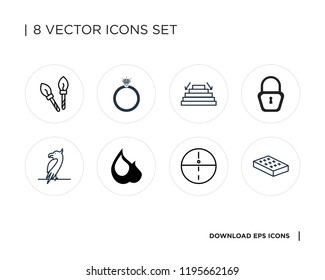 Collection of 8 simple icons such as Mattress, Sphere, Fire, Parrot, Locked, Fallen, Ring, Paint brush, universal set for web and mobile