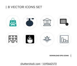 Collection of 8 simple icons such as Bar chart, Dawn, Fire, Chalet, Calendar, Bank, Perfume, Shopping bag, universal set for web and mobile
