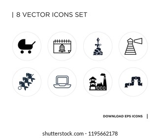 Collection of 8 simple icons such as Pipe, Power plant, Laptop, Brochette, Lighthouse, Excalibur, Event, Baby carriage, universal set for web and mobile