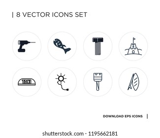 Collection of 8 simple icons such as Surfboard, Mobile, Solar energy, Taxi, Sand castle, Bolt, Fish, Drill, universal set for web and mobile
