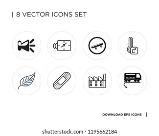 Collection of 8 simple icons such as Electric car, Factory, Band aid, Leaf, Thermometer, Skateboard, Clock, Speaker, universal set for web and mobile