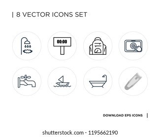 Collection of 8 simple icons such as Nail clippers, Bathtub, Sailboat, Faucet, Touchscreen, Backpack, Time, Shower, universal set for web and mobile