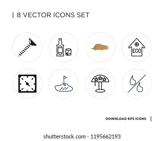 Collection of 8 simple icons such as Percent, Spotlight, Golf, Time, House, Hedgehog, Whiskey, Screw, universal set for web and mobile