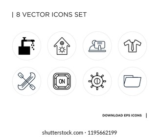 Collection of 8 simple icons such as Folder, Brightness, On button, Canoe, Clothes, Student, House, Tap, universal set for web and mobile