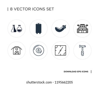 Collection of 8 simple icons such as Tablet, Wall clock, Billiard, Barn, Villa, Aubergine, Tram, Alchemy, universal set for web and mobile