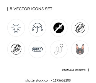Collection of 8 simple icons such as Rabbit, Leash, Record, Ball, Hot dog, No smoking, Umbrella, Monitor, universal set for web and mobile