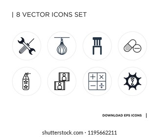 Collection of 8 simple icons such as Machinery, Calculator, Image, Paint spray, Pills, Chair, Punching bag, Tools, universal set for web and mobile