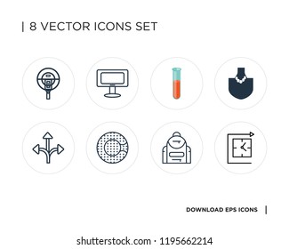 Collection of 8 simple icons such as Wall clock, Backpack, Zorbing, Turn, Pearl necklace, Test tube, Monitor, Parking meter, universal set for web and mobile