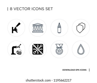 Collection of 8 simple icons such as Drop, Medal, No virus, Beer tap, Security, Boxing, University, Tap, universal set for web and mobile