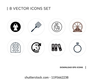 Collection of 8 simple icons such as Ring, Archive, Anti clockwise, Building, Hamster ball, Victory, Grill, Restroom, universal set for web and mobile