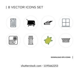 Collection of 8 simple icons such as Bungalow, Turtle, Drugs, Air conditioner, Insert, Notebook, Tablecloth, Ereader, universal set for web and mobile