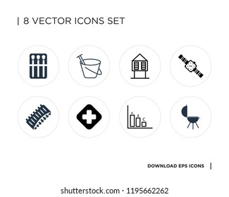 Collection of 8 simple icons such as Grill, Bar chart, Hospital, Ribs, Watch, Hut, Sand bucket, Matches, universal set for web and mobile