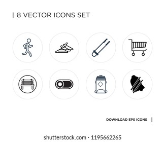 Collection of 8 simple icons such as Alarm bell, Recycling bin, Switch, Bench, Cart, Tongs, Hanger, Jogging, universal set for web and mobile