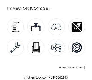 Collection of 8 simple icons such as Archery, Diagram, Seat, Wrench, No fireworks, Sunglasses, Pump, List, universal set for web and mobile