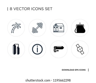 Collection of 8 simple icons such as Smartwatch, Salami, Info, Silo, Purse, School, Dumbbell, Palm tree, universal set for web and mobile