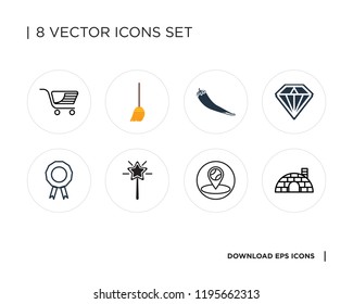 Collection of 8 simple icons such as Igloo, Location, Magic wand, Prize, Diamond, Pepper, Broom, Trolley, universal set for web and mobile