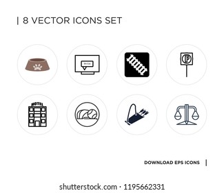 Collection of 8 simple icons such as Balance, Quiver, Baseball, Motel, Parking, Railway, Equation, Dog food, universal set for web and mobile