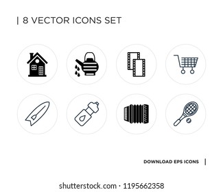 Collection of 8 simple icons such as Tennis racket, Accordion, Water bottle, Surfboard, Wheelbarrow, Film roll, Watering can, House, universal set for web and mobile