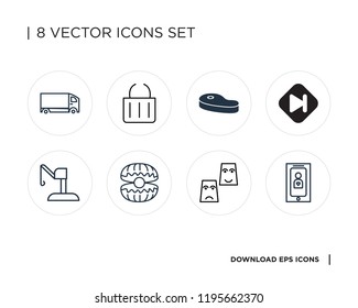 Collection of 8 simple icons such as Smartphone, Theatre, Oyster, Responsive, Skip, Meat, Cart, Delivery truck, universal set for web and mobile