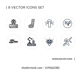 Collection of 8 simple icons such as Paintball, Diamond, Conveyor, Coins, H2o, Sprinkler, Plaste foot, Air conditioner, universal set for web and mobile