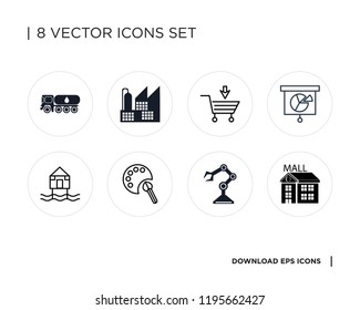 Collection of 8 simple icons such as Mall, Robot arm, Paint palette, Beach Hut, Analytics, Buy, Factory, Tank truck, universal set for web and mobile