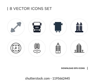 Collection of 8 simple icons such as Aparment, Dutch House, Skeleton, Alarm, Tower, Bus, Truck, Workout, universal set for web and mobile