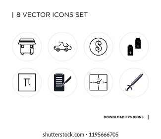 Collection of 8 simple icons such as Sword, Watch, Planing, Pi, Battery, Coin, Car, House On Wheels, universal set for web and mobile