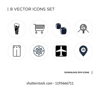Collection of 8 simple icons such as Placeholder, Airport, Compass, Pants, Future House, Beer, Cart, Pint beer, universal set for web and mobile