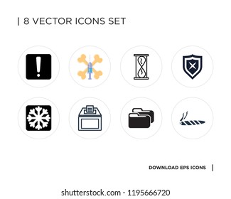 Collection of 8 simple icons such as Cigar, Folder, Recycling bin, Frost, Shield, Hourglass, Treats, Warning, universal set for web and mobile