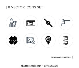 Collection of 8 simple icons such as Hourglass, Pin, Map, Sound off, Content, Watch, Photo camera, Responsive, universal set for web and mobile