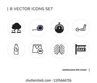 Collection of 8 simple icons such as Bar, X ray, Free, Bottle, Inhalator, Stopwatch, Measuring tape, Cloud computing, universal set for web and mobile