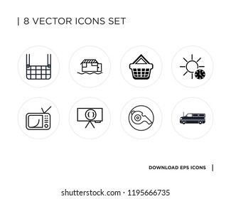 Collection of 8 simple icons such as Cargo truck, Whistle, Brackets, Television, Sun clock, Shopping basket, Houseboat, Elevator, universal set for web and mobile