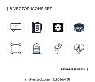 Collection of 8 simple icons such as Heart rate, Flamingo, Mailbox, Crop, Hamburger, Clock, Plan, Chat, universal set for web and mobile