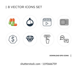 Collection of 8 simple icons such as Chat, Buy, Diamond, Dollar, Air conditioner, Video player, Perfume, Drugs, universal set for web and mobile