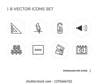 Collection of 8 simple icons such as Calendar, Cit card, Minus, Seat, Speaker, Door hanger, Parrot, Responsive, universal set for web and mobile