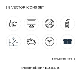 Collection of 8 simple icons such as Bread, Pom pom, Delivery, Wall clock, Airbrush, No smoking, Monitor, Responsive, universal set for web and mobile
