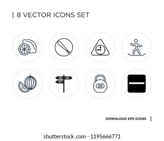 Collection of 8 simple icons such as No entry, Workout, Street, Watermelon, Snowboarding, Wall clock, Bat, Lime, universal set for web and mobile